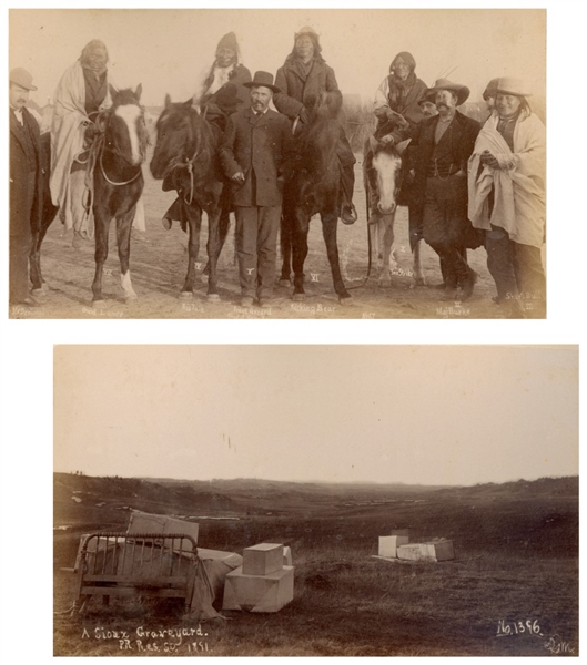 Two Original Photographs From 1891, Shortly After the Wounded Knee Massacre -- One Photograph Depicts ''A Sioux Graveyard'' & the Other Depicts Sioux Survivors Standing With Major Burke & Frank Gerard